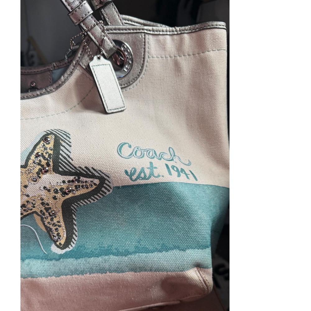 Coach Starfish Beach Canvas Tote Bag Silver Metallic Leather Trim F19212 - Picture 3 of 13